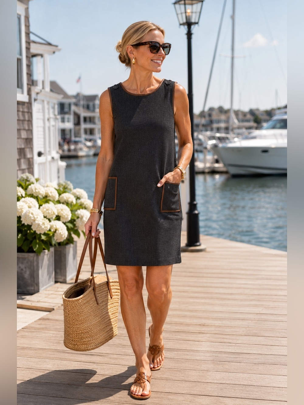 J.McLaughlin‎ Dinah Textured Shift Dress Brown Sleeveless Pocket Dress Women’s M